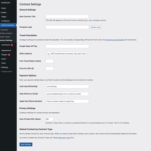 Op de afbeelding: Schermafbeelding van een webpagina met de titel "Contractinstellingen". De pagina bevat velden voor algemene instellingen, reiskostenberekening, betalingsopties en privacy-instellingen. Er zijn tekstvelden voor bedrijfslogo, Google Maps API-sleutel, kantooradres, enz.