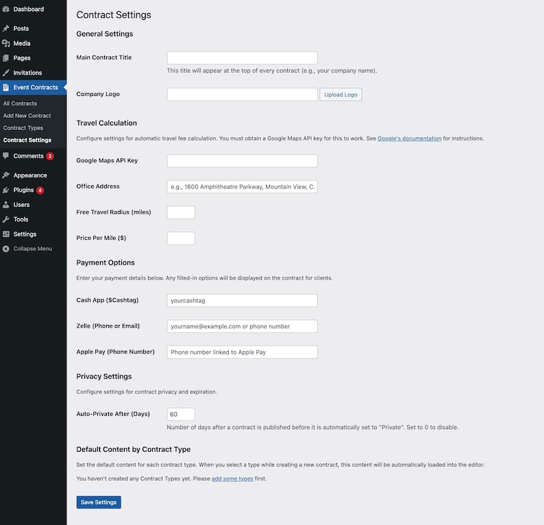 Op de afbeelding: Schermafbeelding van een webpagina met de titel "Contractinstellingen". De pagina bevat velden voor algemene instellingen, reiskostenberekening, betalingsopties en privacy-instellingen. Er zijn tekstvelden voor bedrijfslogo, Google Maps API-sleutel, kantooradres, enz.