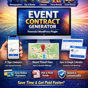 May include: A promotional graphic for an event business tool. The image features a computer screen displaying "Event Contract Generator," a smartphone with an e-signature, and icons for online payments, travel fees, and calendar syncing. The text reads "Elevate Your Event Business!"
