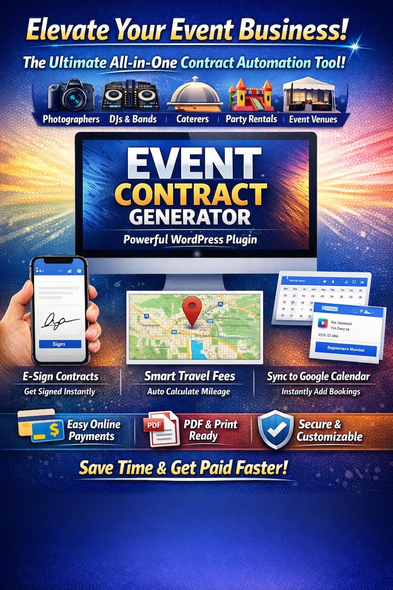 Op de afbeelding: Promotionele afbeelding voor een evenementenbedrijfstool. De afbeelding toont een computerscherm met "Event Contract Generator", een smartphone met een elektronische handtekening en pictogrammen voor online betalingen, reiskosten en kalendersynchronisatie.