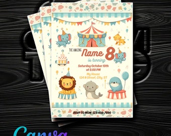 Invito di compleanno di adorabili cuccioli di circo - Personalizza in Canva - Consegna digitale istantanea