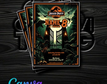 Jurassic Party verjaardagsuitnodiging in Canva - dinosaurusthema - directe toegang