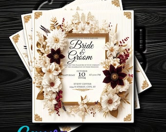 Elegant Burgundy, Beige & Gold Floral Wedding Invitation - Customize in Canva - Instant Digital Delivery
