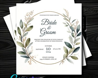 Elegant Watercolor Olive Leaves Wedding Invitation - Fully Editable in Canva - Instant Digital Delivery