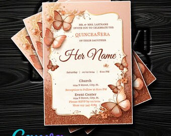 Rose Gold Butterflies Quinceañera Invitation - Fully Customizable in Canva - Instant Digital Delivery