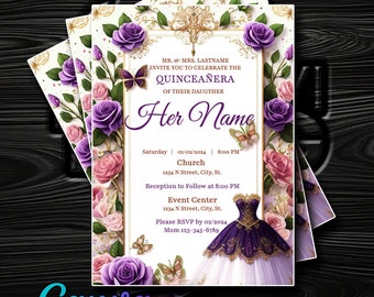 Enchanting Purple, Pink & Beige Quinceañera Invitation with Butterflies - Edit in Canva - Instant Digital Delivery