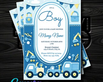 It's a Boy! Baby Shower Invitation - Blue & White Construction Truck Toys Theme - Editable in Canva - Instant Delivery