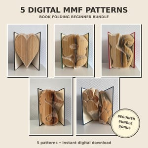 May include: A digital bundle of 5 book folding patterns featuring a heart, a flower, a cat, a seahorse, and a paw print. The text 5 DIGITAL MMF PATTERNS BOOK FOLDING BEGINNER BUNDLE and BEGINNER BUNDLE BONUS is visible on the beige background.