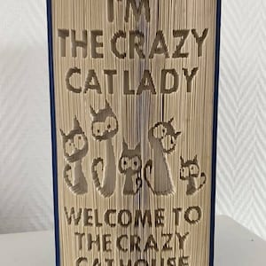 Może przedstawiać: Rzeźba z książki z zagiętymi stronami zawierająca tekst I'M THE CRAZY CAT LADY WELCOME TO THE CRAZY CAT HOUSE oraz pięć stylizowanych sylwetek kotów, stworzona poprzez precyzyjne zaginanie poszczególnych stron książki w celu uformowania liter i kształtów.