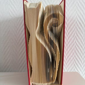 May include: A book with pages folded to create the silhouette of a cat. The book has a red cover and the pages are cream-colored. The folded pages form the shape of a cat's head, body, and a curved tail. A thin rubber band holds the book open.