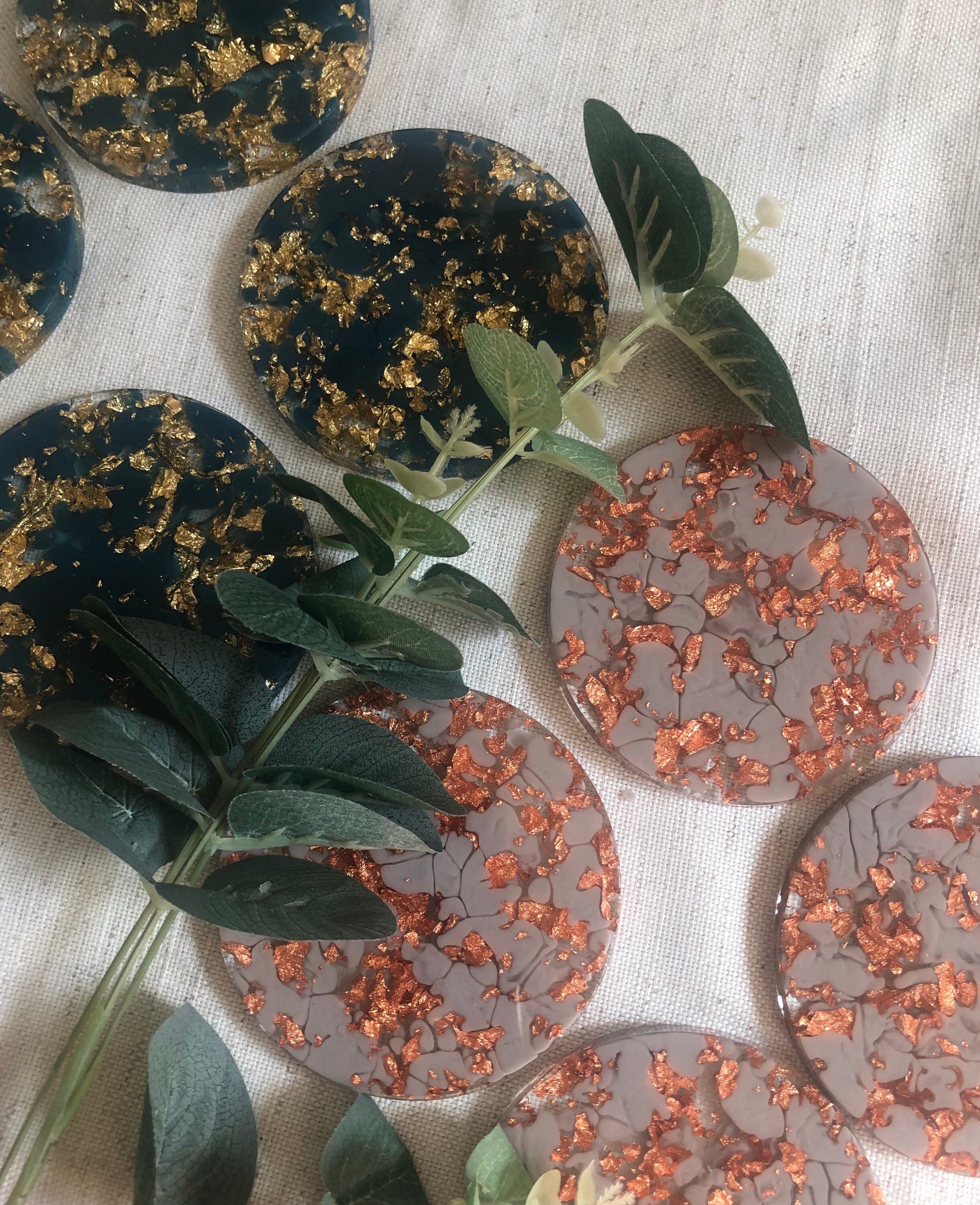 Set of 4 Opaque Pigment & Gold Leaf Resin Round Coasters Etsy