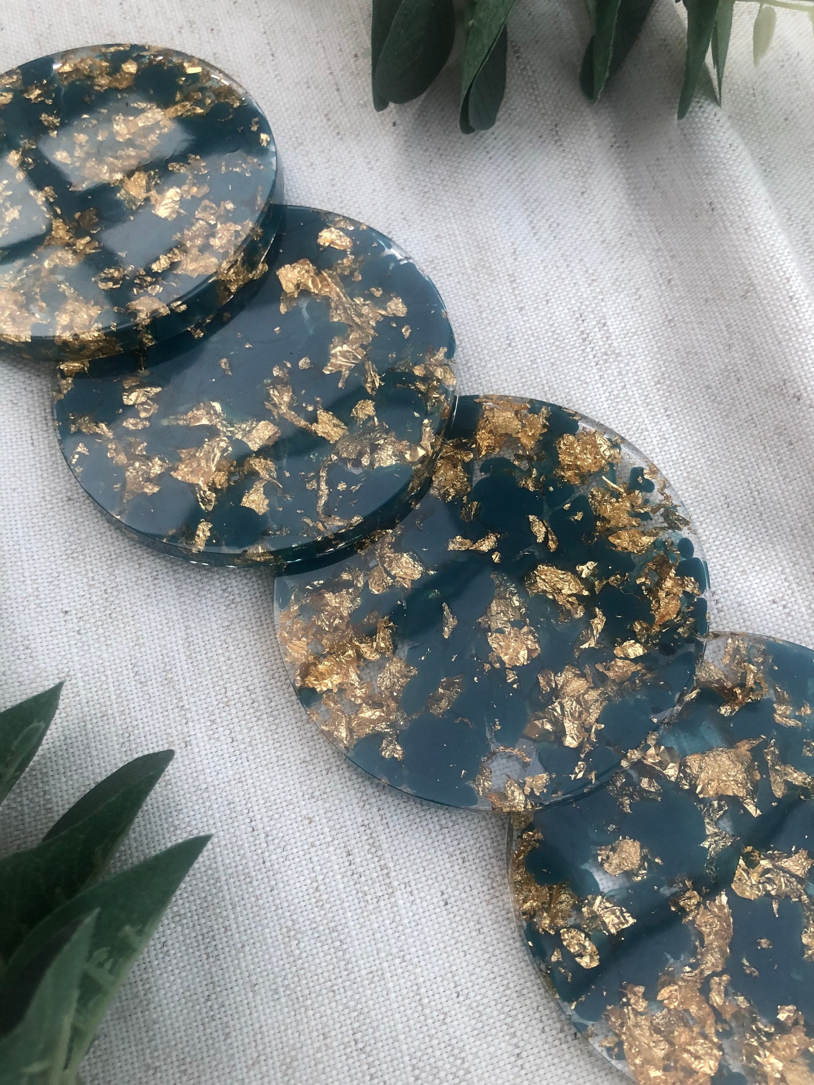 Set of 4 Opaque Pigment & Gold Leaf Resin Round Coasters Etsy