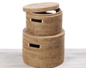 Rattan Circular Family Storage Box Hand Woven Storage Basket with Lid - (S) Dia 30 x H 20 (L) Dia 35 x H 26