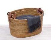 Large Rattan Oval Vertical Family Storage Basket with Leather Handle