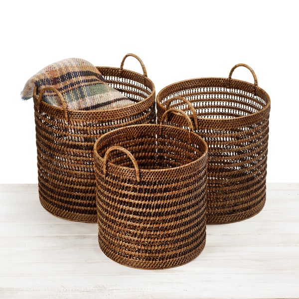 Rattan Round Open-Weaved Storage Basket/Rattan Blanket Basket