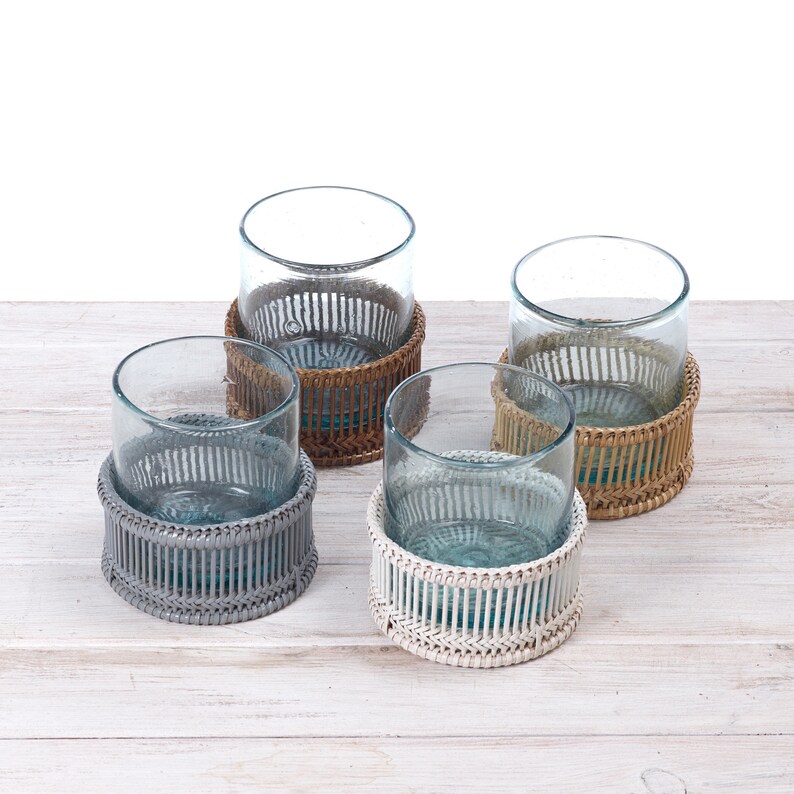 Rattan Tea Light Holder With Recycled Handblown Glass Dia Etsy UK