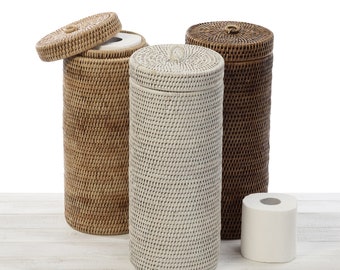 Rattan Cylinder Toilet Roll Holder - Bathroom Storage Rattan Basket