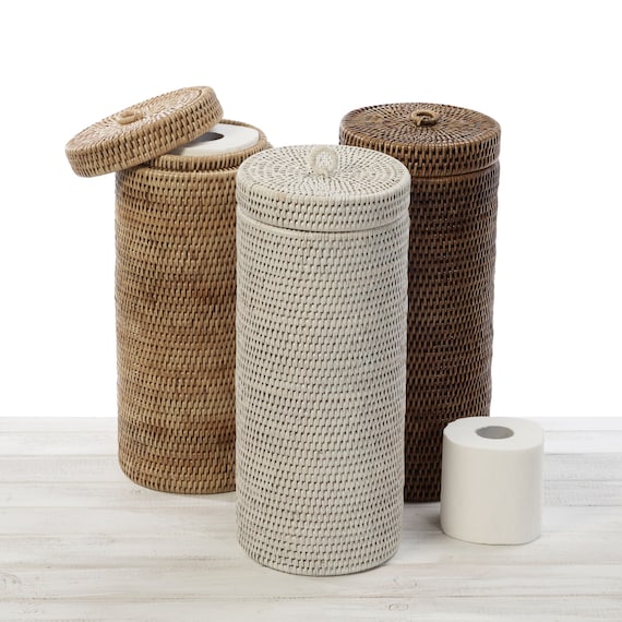 Rattan Small Cylinder Bathroom Bin/ Rattan Toilet Roll Holder