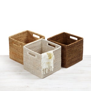 Rattan Square Storage Basket Regular-L28X W28 X H25cm (Hand Woven in Burma )