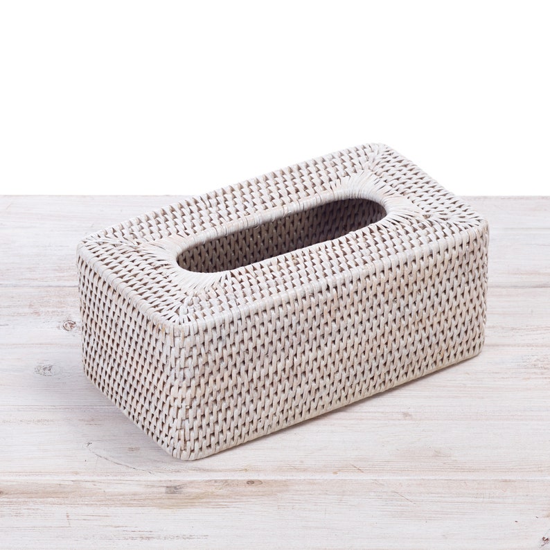 Rattan Tissue Box Cover Rectangular Shape L 25cm X W 14cm X H 10cm Rustic White