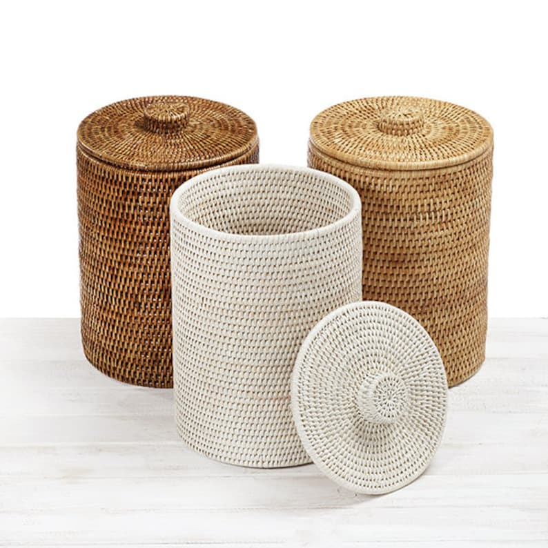 Rattan Round Waste Bin/ Paper Bin with Lid and insert Liner image 2