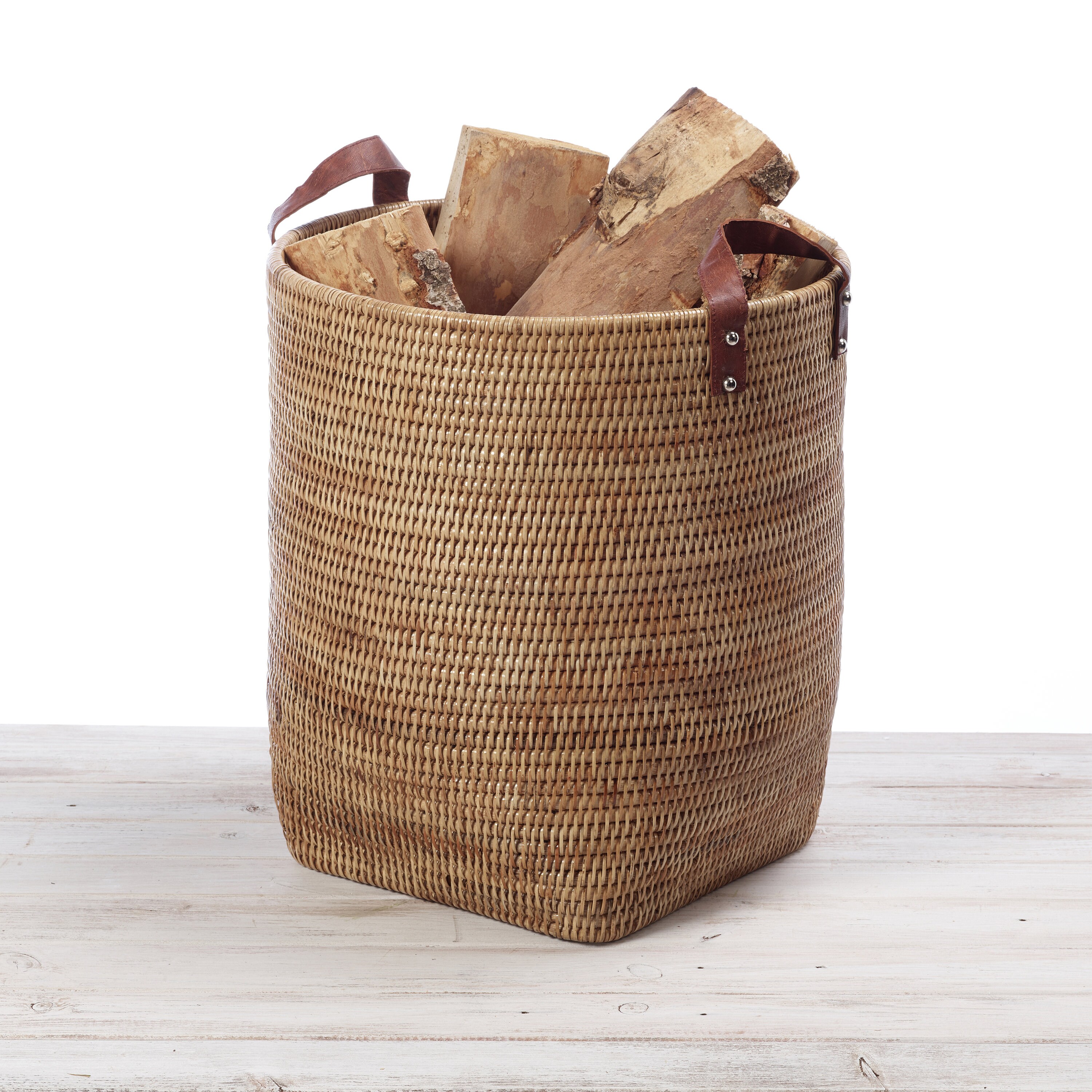 c*i様 Bluelea Leather trimmed rattan buck Rattan Log Basket With Leather Handle- ( Dia 37/28 Cm and H42cm