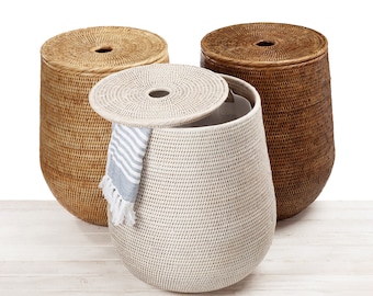 Rattan Toddy Palm laundry basket with liner/ Handwoven  laundry hamper storage basket