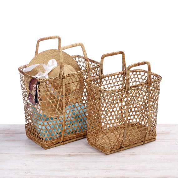 Rattan Tote Beach Basket /Rattan Sun Basket/ Rattan Picnic Basket - Hand Woven in Burma