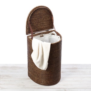 Rattan Lune Laundry Hamper /Half Moon Laundry Basket (including liner with loops ,leather string Lid)