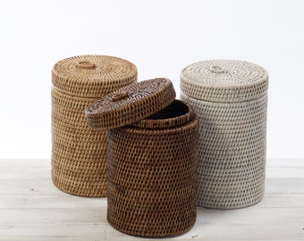 Rattan Small Cylinder Bathroom Bin/ Rattan Toilet Roll Holder / Rattan Cylinder Paper Bin/ Waste Bin - Bathroom Storage Basket