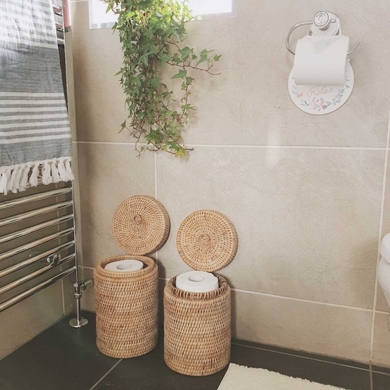 Rattan Cylinder Toilet Roll Holder Bathroom Storage Rattan Basket 