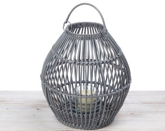 Rattan Candle Lantern with Hand Blown Glass Candle Holder - Oval Shape Dia34cm x H39cm