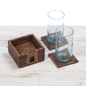 URU Rattan Square Coasters - Set of 6 with Holder by 12cmX 12cm x 6cm