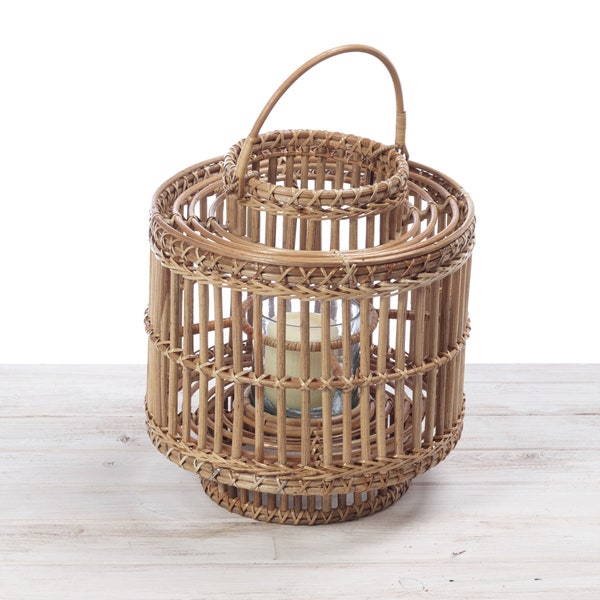 Rattan Candle Lantern with Hand Blown Glass Candle Holder- Round Shape Dia 33cm X H33cm  (Hand Woven in Burma)