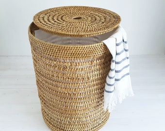 Rattan Spiral Weave Cylinder  Laundry Basket /Laundry  Hamper with Insert Cotton Liner