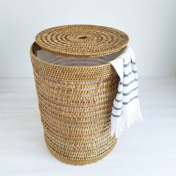 Rattan Spiral Weave Cylinder  Laundry Basket /Laundry  Hamper with Insert Cotton Liner