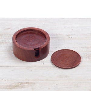Hand Turned Rosewood Round Coasters (Set of 6 with Holder)  -  Dia12cmX H 6cm