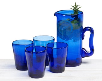 Recycled and Hand Blown Classic V Shape Tumbler Glass, Drinking Water Glass - ( Cobalt Blue Colour)