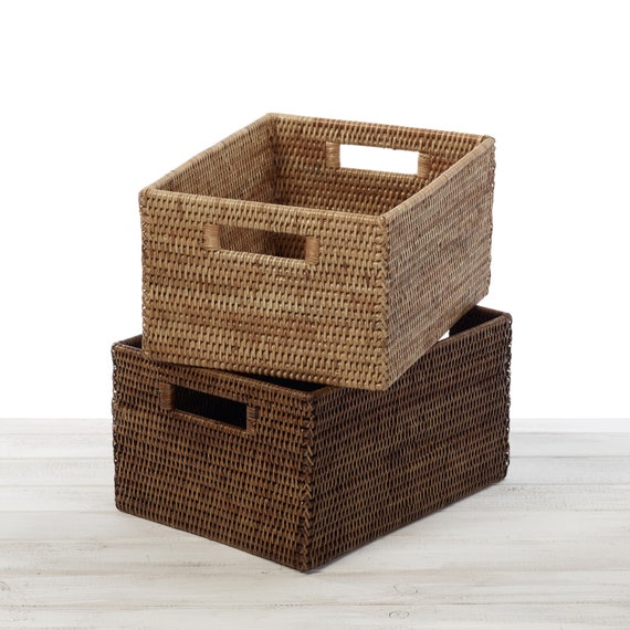 3 Pack Cube Storage Bins Th Lids, Rattan Woven Decorative Storage