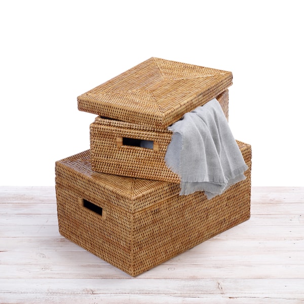 Tote Rattan Rectangular Storage Box with Lid Large and Small