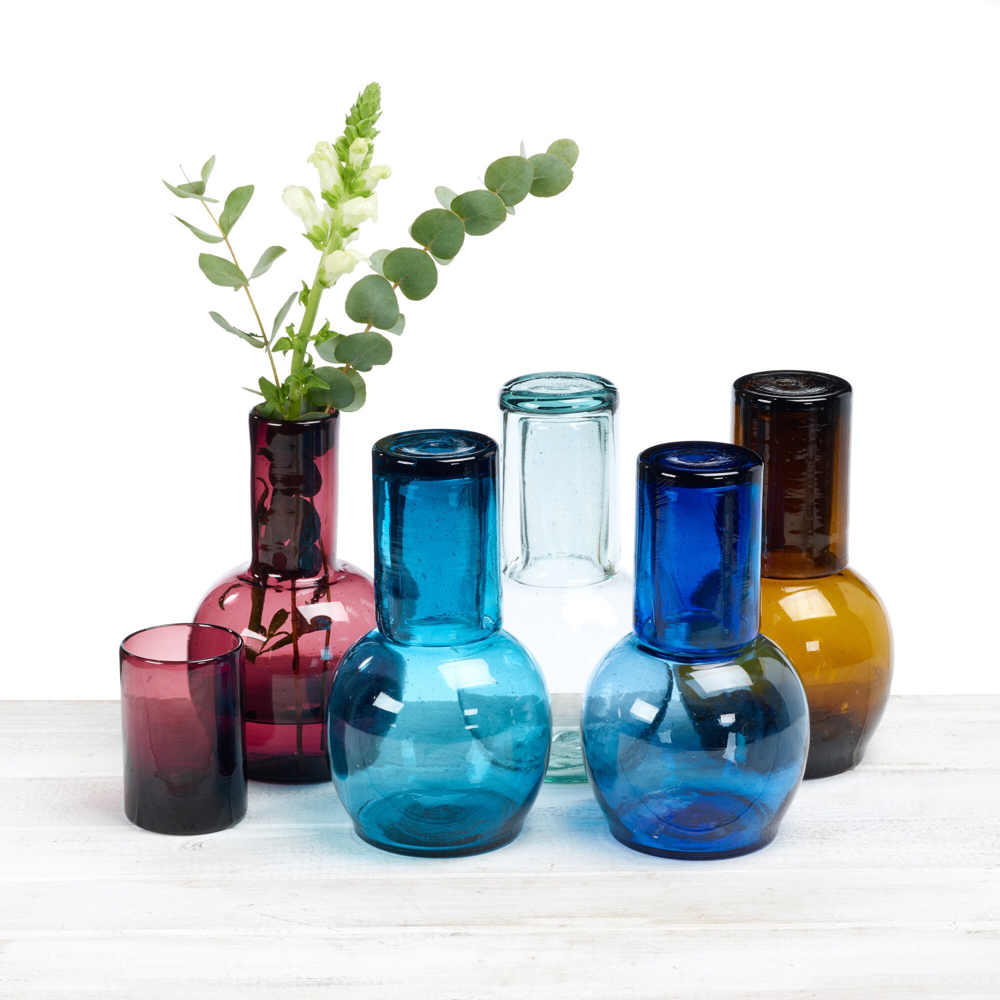 Aqua Handblown Recycled Glass Carafe and Cup Set (Pair), 'Delicate Aqua