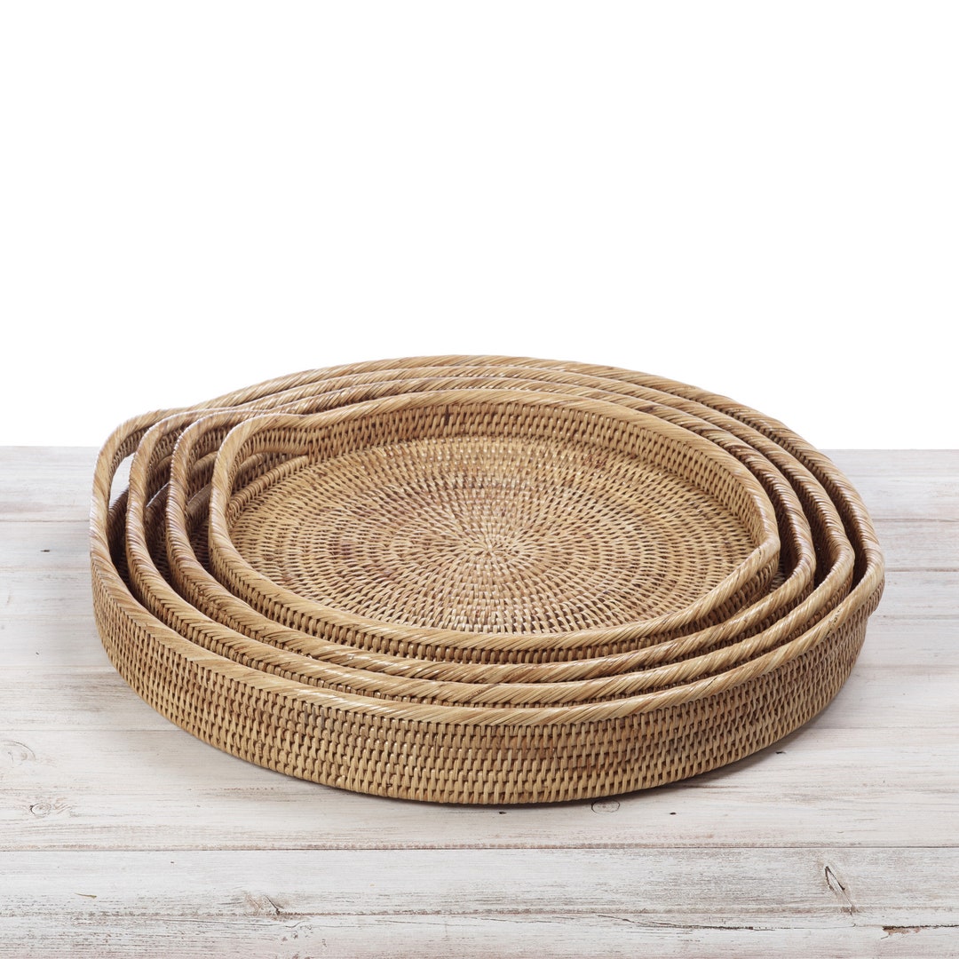 Hand Woven Rattan Round Serving Tray With Handles - Etsy