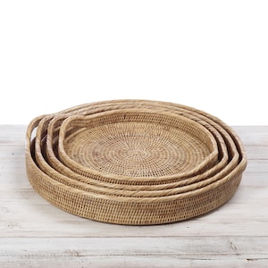 Rattan Round Serving Tray, Rattan Drink Tray with Handle, - Large Sizes