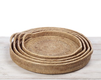 Rattan Round Serving Tray, Rattan Drink Tray with Handle, - Large Sizes