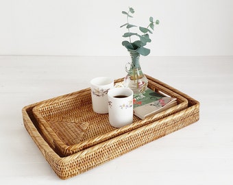 Rattan Rectangular Serving Tray, Breakfast Tray, Rattan Coffee Tray - Large or Small