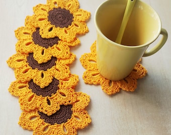 Set of 6 Sunflower Crochet Coasters – Handmade Cotton Mug Rugs – Rustic Table Decor – Gift for Her