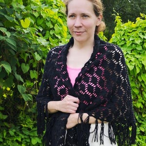 Handmade Black Crochet Shawl: Wool Blend Triangle Wrap with Leaf Pattern