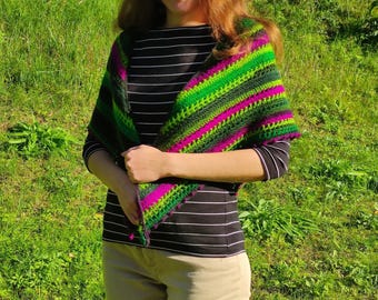 Handmade Crochet Triangle Shawl, Green Purple Acrylic Yarn Wrap, Boho Spring Scarf