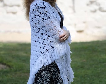 White Crochet Shawl with Fringe – Boho Bridal Wedding Wrap – Handmade Cozy Gift for Bride