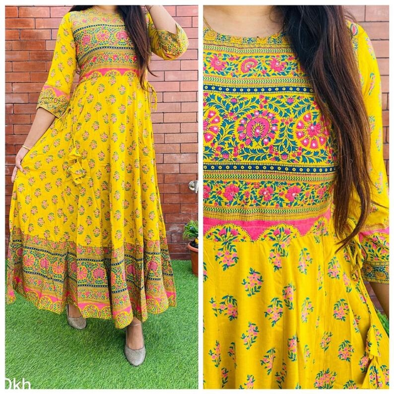 Indian Traditional Designer Rayon Printed Anarkali Long Kurta With Tassels Dress Set Gift For Her EXPRESS SHIPPING Special For WomenGirls